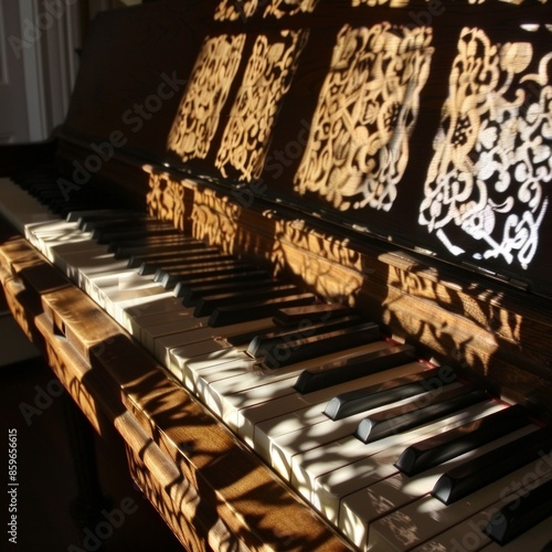 A piano with a sun shining on it