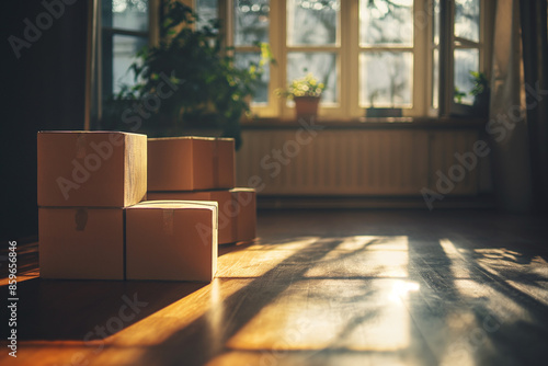 Moving. many cardboard boxes in an empty room against the background of windows. copy space. place for text. Cardboard boxes, potted plants and indoor household items are being prepared for moving. 