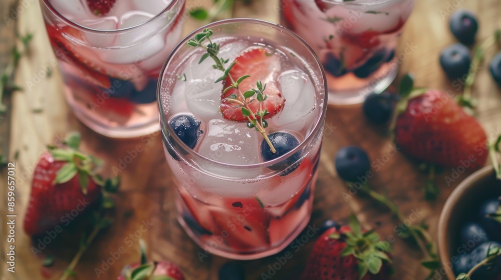 Cool summer drink with ice, thyme, strawberries, blueberries, and lemonade Cool summer drink with ice, thyme, strawberries, blueberries, and lemonade