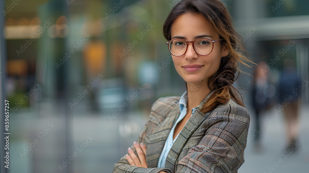 Young beautiful businesswoman in business suit smiling and looking at camera, portrait of successful woman outside office building, female worker in glasses with crossed arms Young beautiful businesswoman in business suit smiling and looking at camera, portrait of successful woman outside office building, female worker in glasses with crossed arms