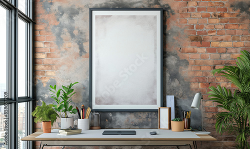 Frame on an empty light wall. Living room interior design with wooden console, desk and empty frame on the wall. frame mockup for poster, picture or design. Modern home decor.