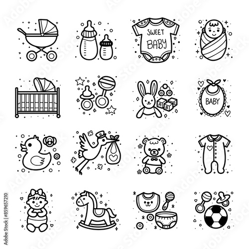 Collection of baby themed icons, whimsical doodle style, various baby essentials and playful toys items, vector and illustration.