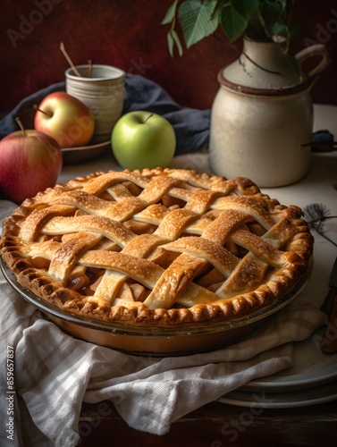 Homemade apple pie with lattice crust on a rustic table.