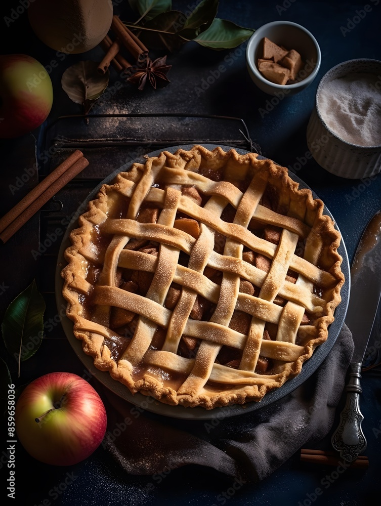 Homemade apple pie with lattice crust on a rustic table. Homemade apple pie with lattice crust on a rustic table.