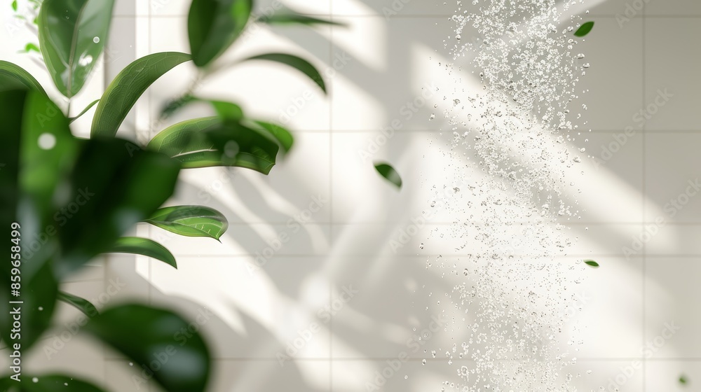 Bright bathroom with sunlit shower, water splashing, green foliage near the window, creating a serene and natural ambiance, fresh and inviting Bright bathroom with sunlit shower, water splashing, green foliage near the window, creating a serene and natural ambiance, fresh and inviting