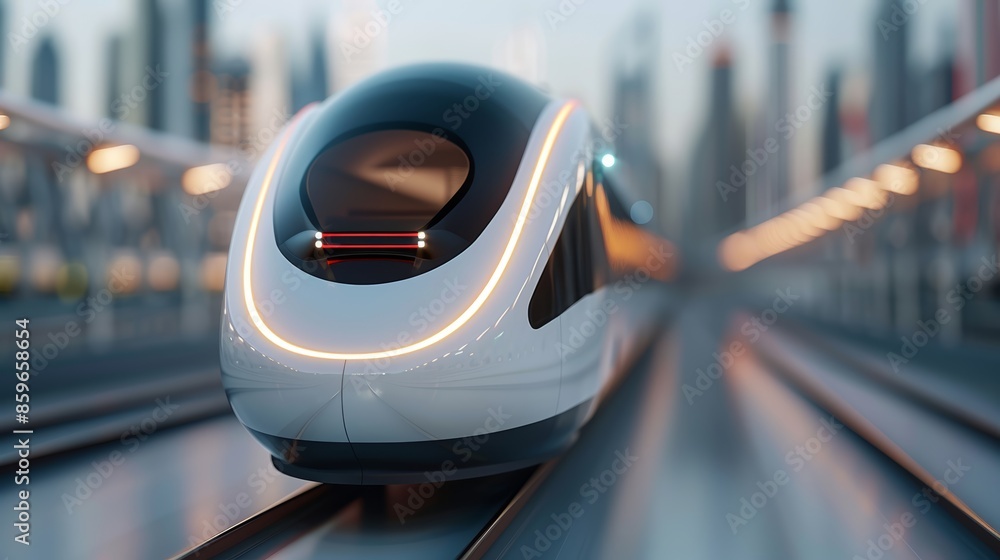 Fototapeta premium Close-up of a modern high-speed train's sleek design, gliding on tracks with urban skyline in the background, capturing the essence of contemporary railway transportation