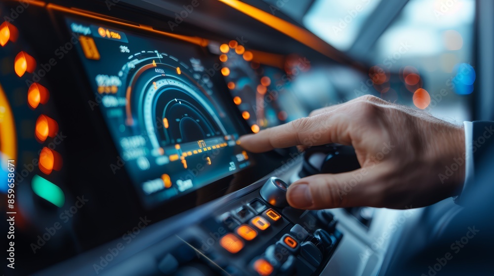 Fototapeta premium Close-up of a train conductor's hand gripping the throttle in a modern train cabin, digital controls and navigation screens in the background, representing advanced railway technology
