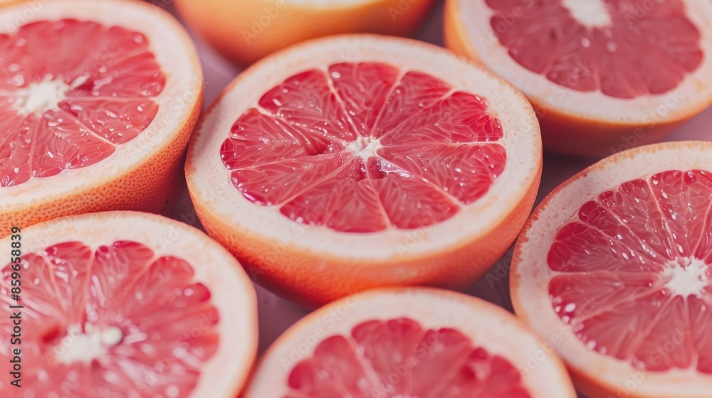 Close-up view of juicy halved grapefruits, pinkish-red interiors glistening under light, highlighting the freshness and vibrant color of the fruit segments Close-up view of juicy halved grapefruits, pinkish-red interiors glistening under light, highlighting the freshness and vibrant color of the fruit segments