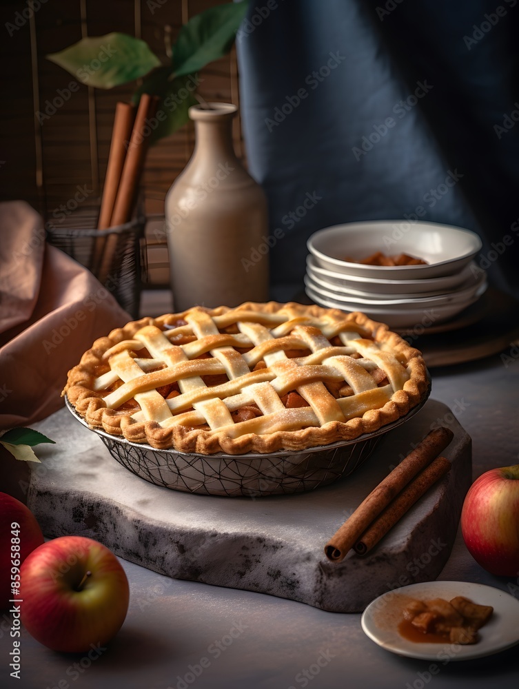 Homemade apple pie with lattice crust on a rustic table. Homemade apple pie with lattice crust on a rustic table.