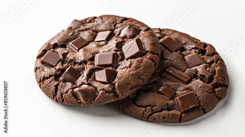 Close-up of two decadent double chocolate cookies, embedded with chunks of chocolate, placed on a clean white background photo
