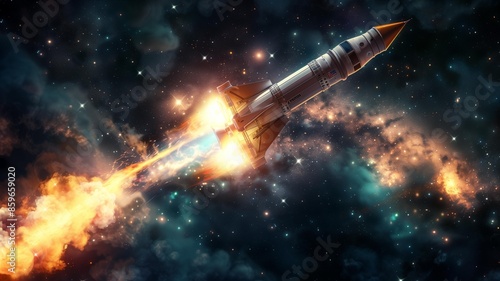 a rocket, flying in space and fire can be seen behind in, the back of the rocket will appear