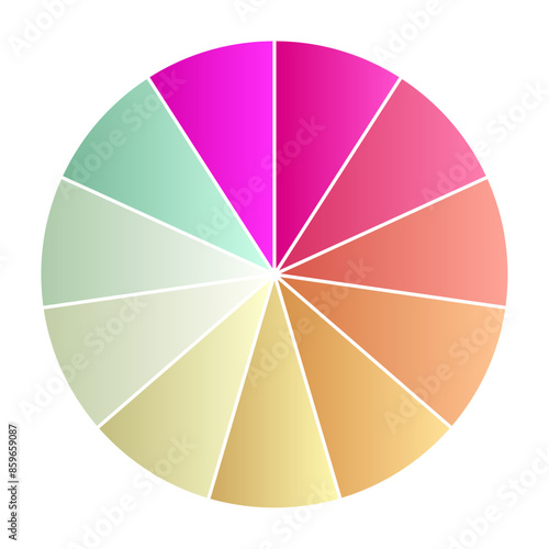Pie chart with different segments in a circular diagram. wheel graph divided into parts and sections. Flat vector illustration isolated on white background.