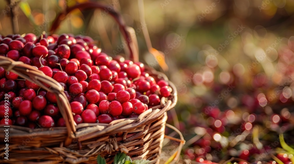 Cranberries, bright red and ripe, are gathered in a wicker basket during the fall harvest Cranberries, bright red and ripe, are gathered in a wicker basket during the fall harvest