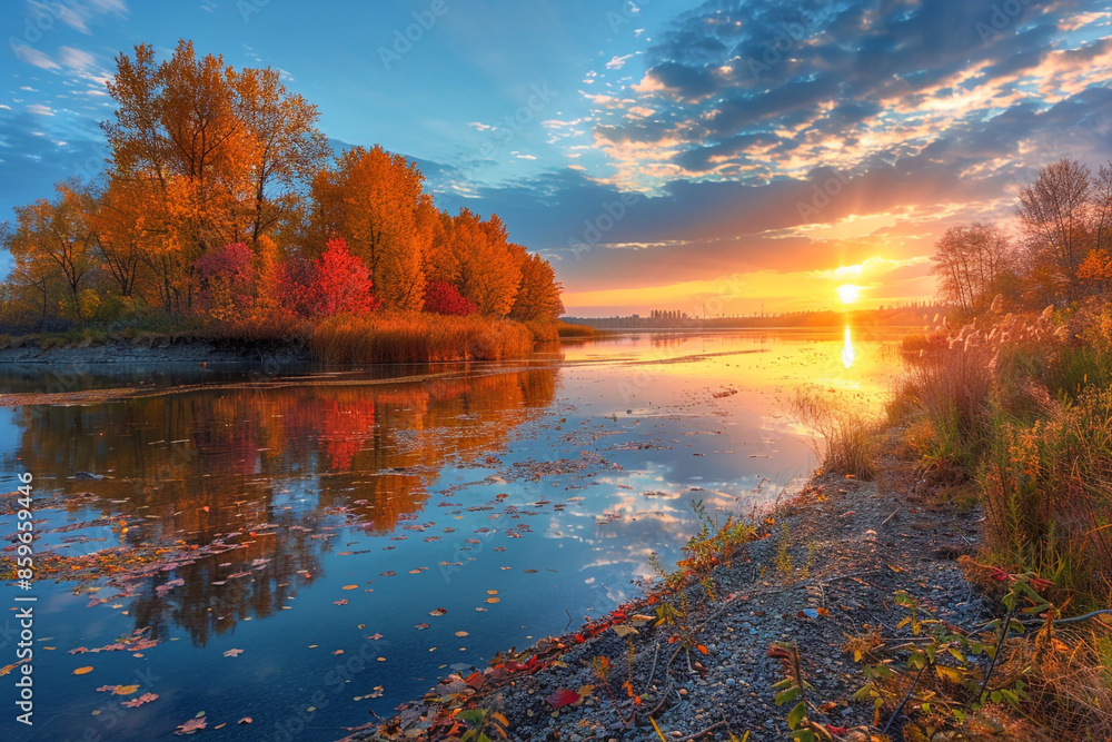Obraz premium A serene autumn evening with the sun setting over a lake, the sky painted in warm hues, and the water reflecting the colorful trees along the shore