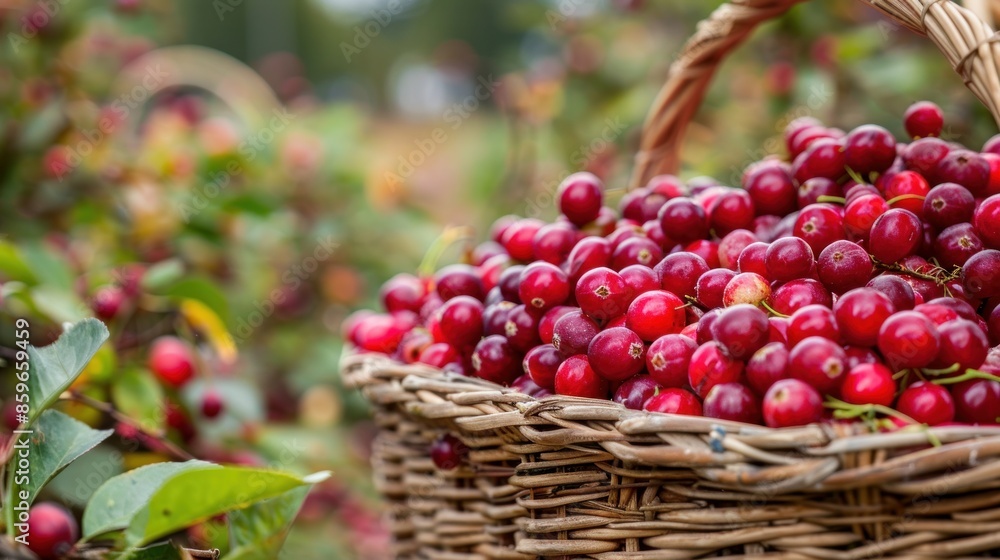 Cranberries, bright red and ripe, are gathered in a wicker basket during the fall harvest Cranberries, bright red and ripe, are gathered in a wicker basket during the fall harvest