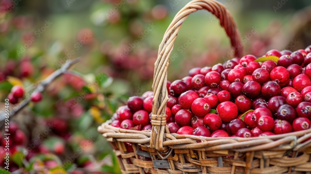 Cranberries, bright red and ripe, are gathered in a wicker basket during the fall harvest Cranberries, bright red and ripe, are gathered in a wicker basket during the fall harvest