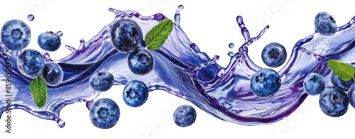 Blueberries splash in a vibrant purple wave, Cut-out PNG