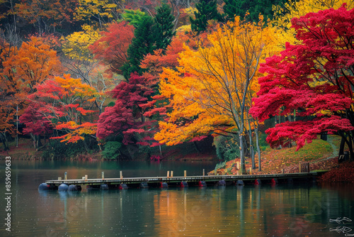 A serene autumn lakeside with a small wooden pier, surrounded by trees in vibrant hues of red, orange, and yellow.