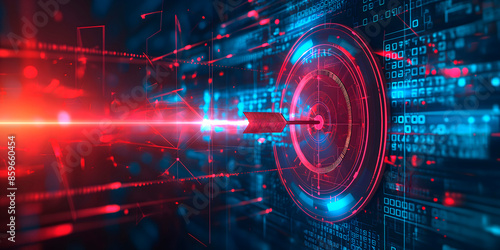 precise arrow hitting digital target using data and cyber technologies, symbolizing business success. ideal for digital marketing visuals, tech achievements, and data-driven targeting strategies