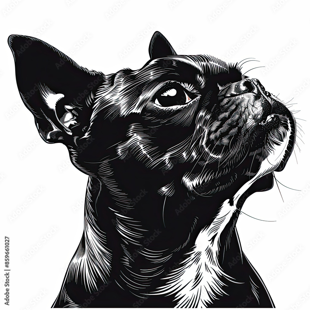 Obraz premium A black and white drawing of a Boston Terrier dog