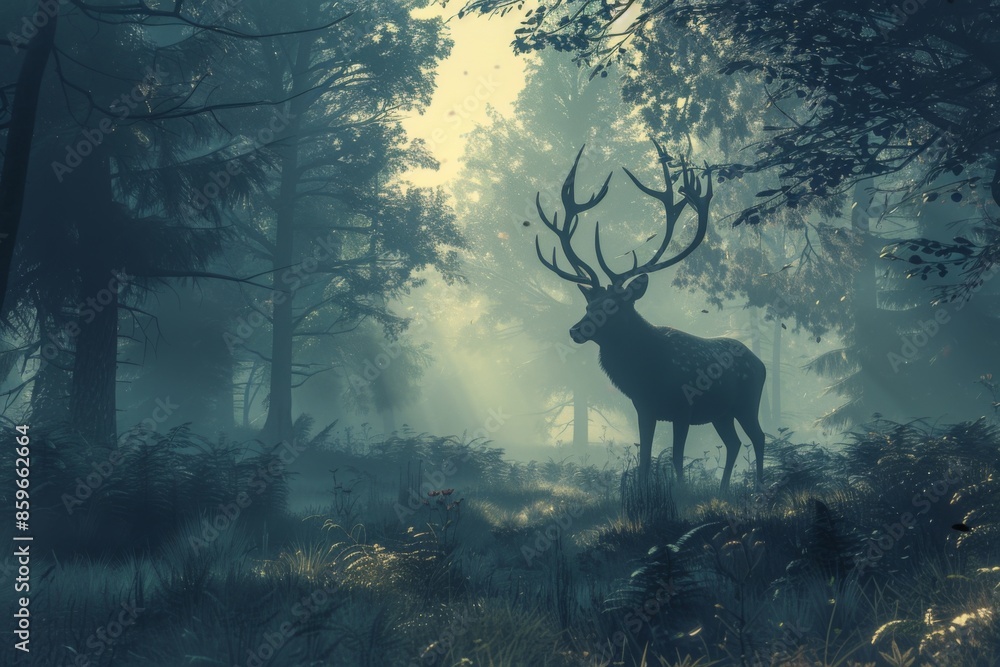 Majestic Deer in Misty Forest Majestic Deer in Misty Forest