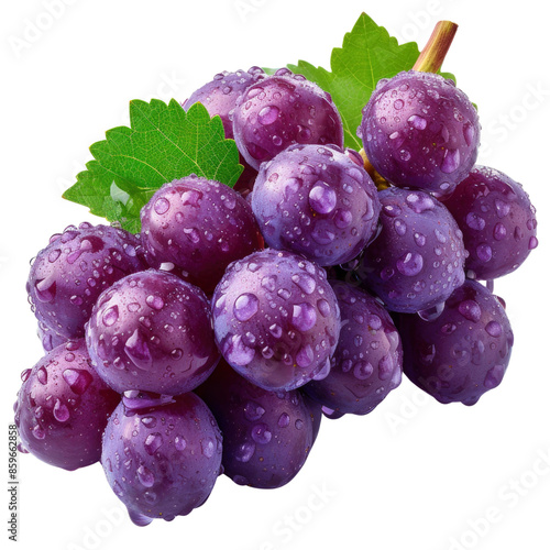 A cluster of plump, purple grapes covered in water droplets, with a green leaf at the top, sits on an isolated background.