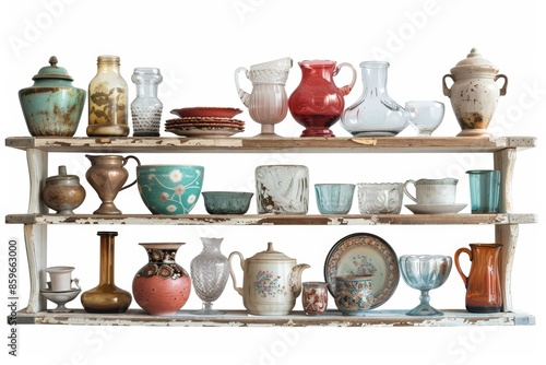 A curated display of antique glassware and ceramics arranged on a thrifted shelf, isolated on a white background.