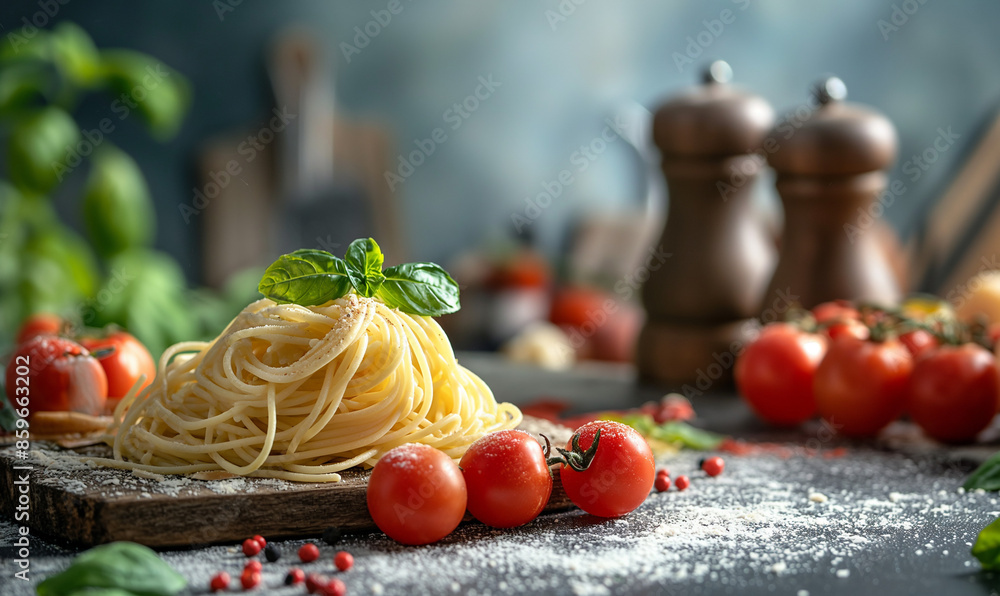 Pasta. Italian linguini pasta with tomato sauce and fresh basil on black background. Vegetarian food. Parmesan pasta. Place for text. Copy space Pasta. Italian linguini pasta with tomato sauce and fresh basil on black background. Vegetarian food. Parmesan pasta. Place for text. Copy space