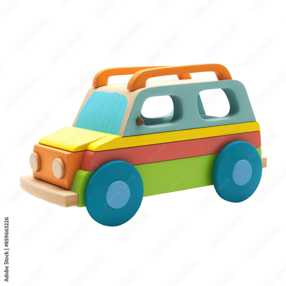 A colorful wooden toy car with blue wheels and a yellow body is perfect for children. A colorful wooden toy car with blue wheels and a yellow body is perfect for children.