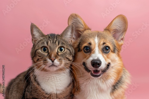 Cat and Dog Posing Together with Pink Background © Sandu