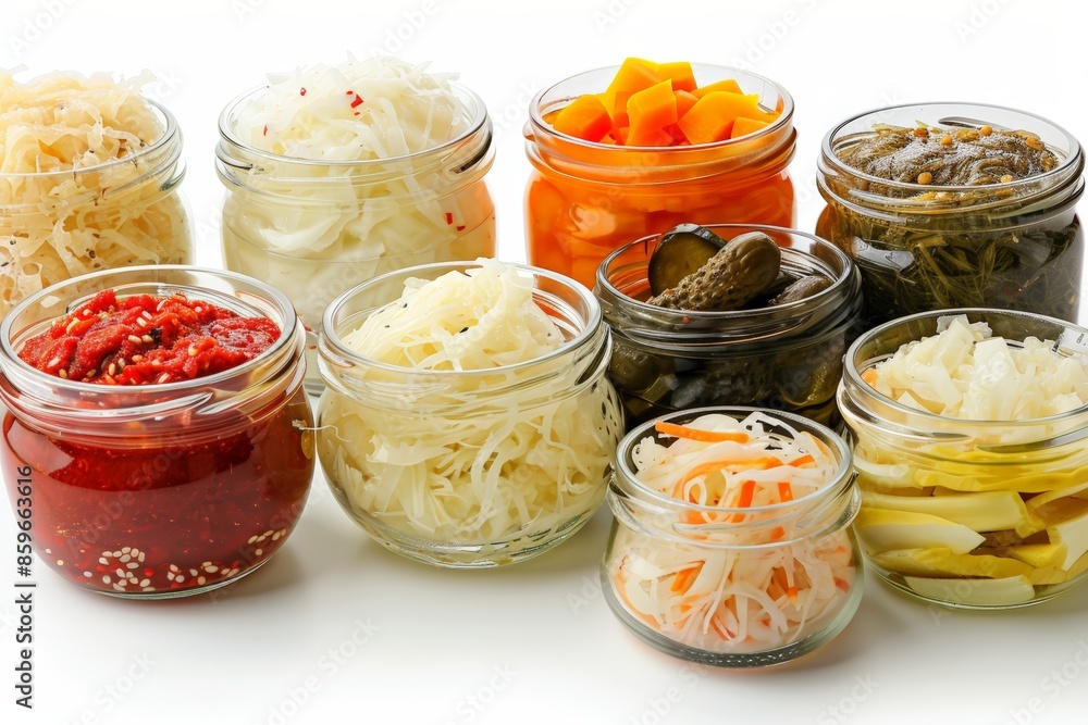 A diverse collection of fermented foods, featuring jars of kimchi, sauerkraut, and pickles, isolated on a white background. A diverse collection of fermented foods, featuring jars of kimchi, sauerkraut, and pickles, isolated on a white background.