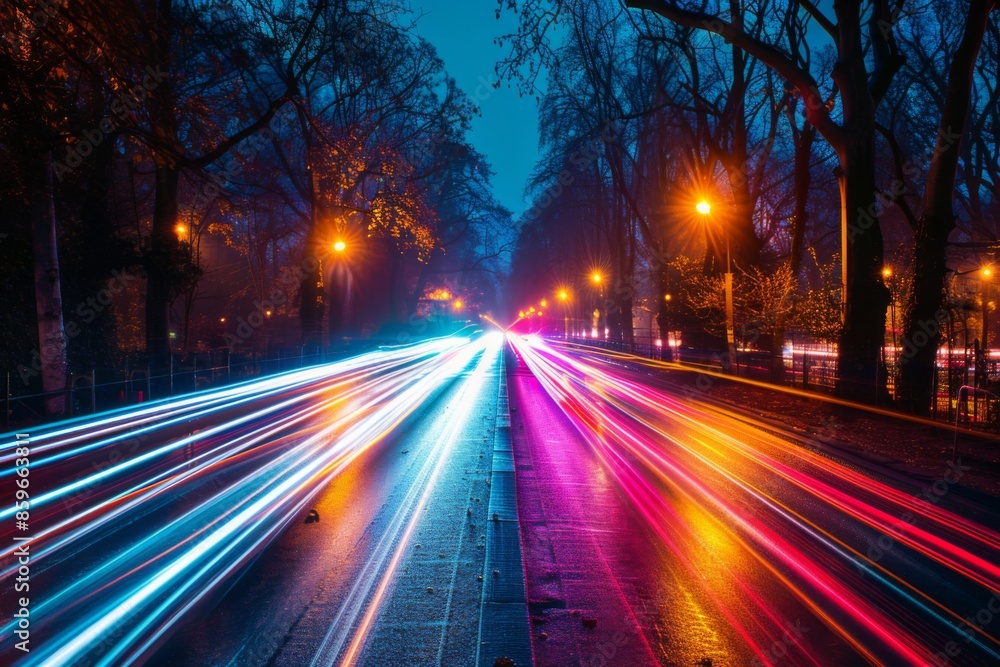 Light Trails on a City Street at Night