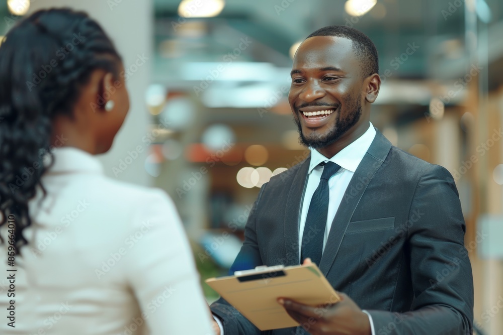 Confident Salesperson in Sleek Suit Shaking Hands with Customer in Modern Office Confident Salesperson in Sleek Suit Shaking Hands with Customer in Modern Office