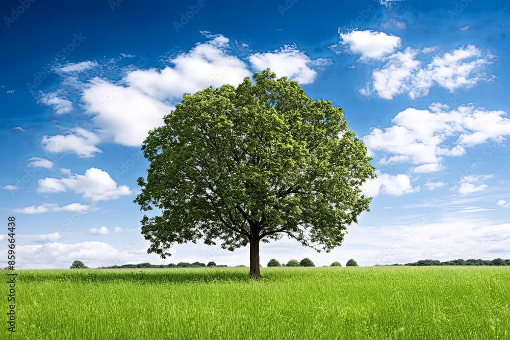 A large tree stands in a field of green grass A large tree stands in a field of green grass