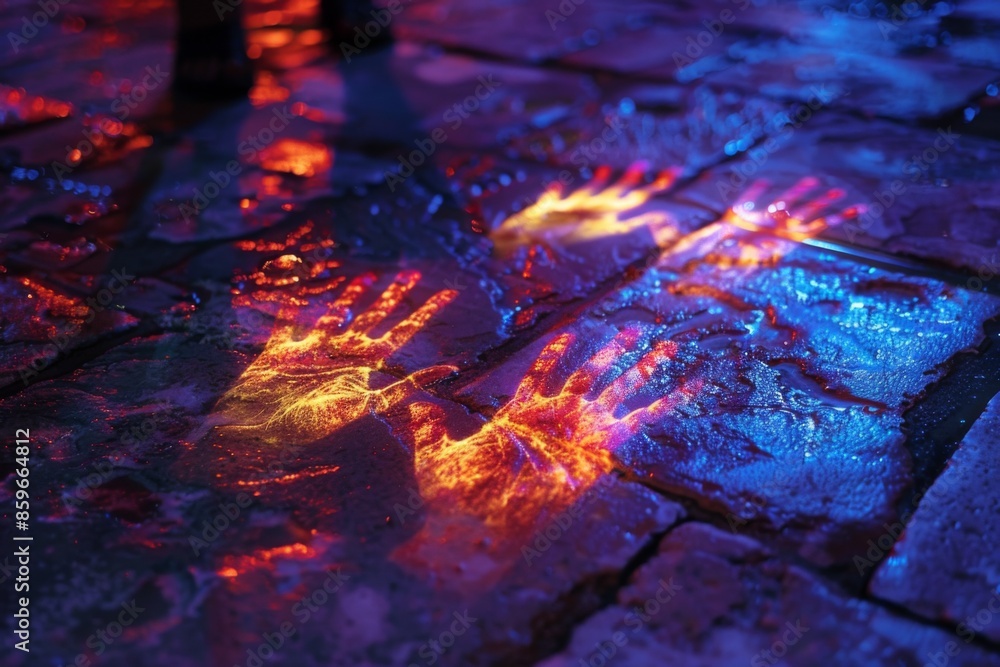 Colorful Handprints on Wet Pavement Colorful Handprints on Wet Pavement