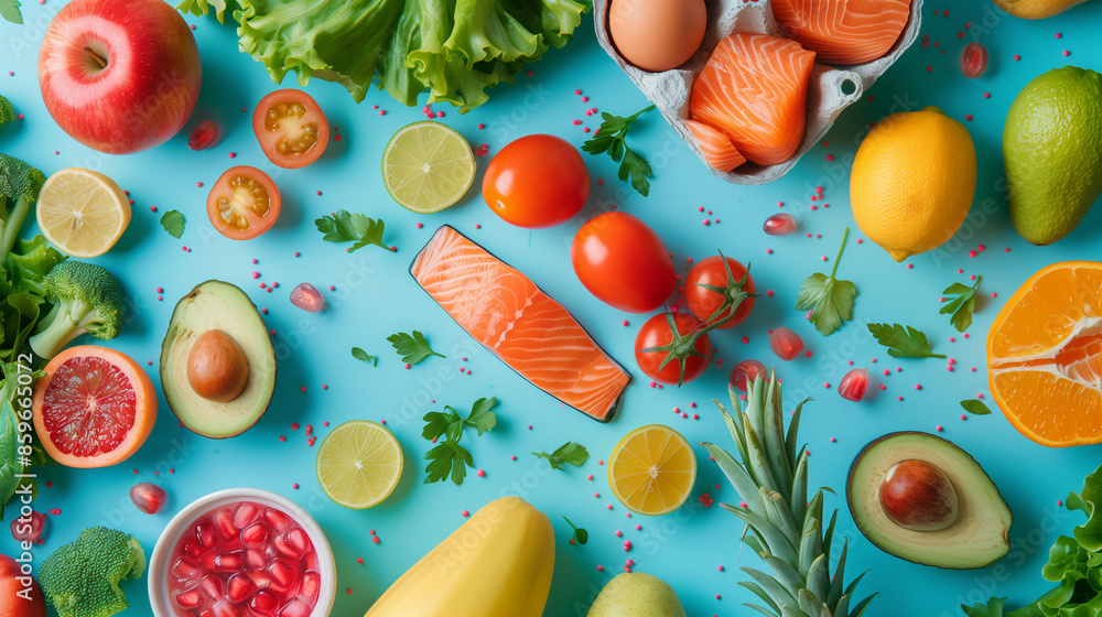 Top view of an arrangement of colorful fruits, vegetables and containers with salmon, avocado and eggs. Top view of an arrangement of colorful fruits, vegetables and containers with salmon, avocado and eggs.