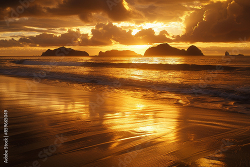 A tranquil beach at sunset, with the golden light reflecting off the waves and the silhouettes of distant islands on the horizon