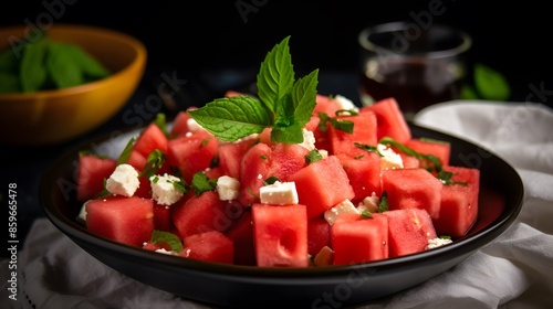 Fresh watermelon and feta salad with arugula and mint.