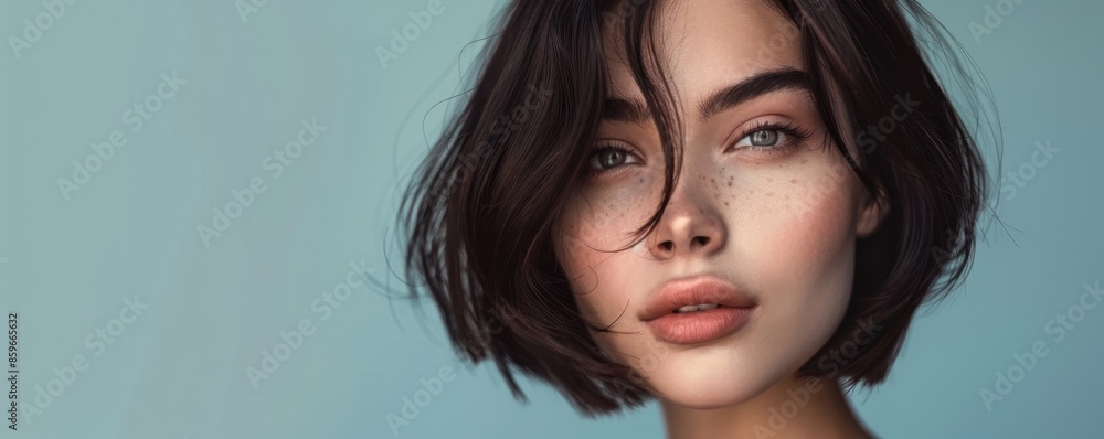 A striking portrait of a beautiful brunette girl with short black hair and bold red lipstick. Her piercing blue eyes and flawless makeup give her a glamorous and sophisticated appearance. A striking portrait of a beautiful brunette girl with short black hair and bold red lipstick. Her piercing blue eyes and flawless makeup give her a glamorous and sophisticated appearance.