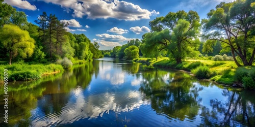 River Landscape With Green Trees And Blue Sky