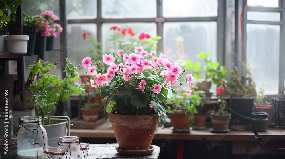 Pink flowers bloom in a pot on a wooden table inside a room, with other plants and jars placed around in the bright, natural light.