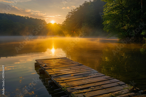 A tranquil lakeside scene at sunrise, the water perfectly calm, a rustic wooden pier jutting out into the misty lake, surrounded by dense forest with golden sunlight breaking through the trees.