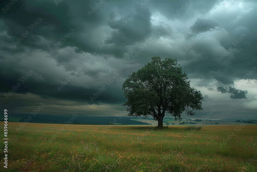 Lone Tree Under Storm Clouds in Open Field Lone Tree Under Storm Clouds in Open Field