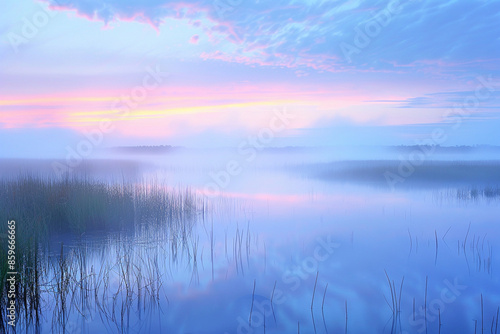 A tranquil marshland at dawn, with mist rising from the water and the sky painted in soft pastel colors