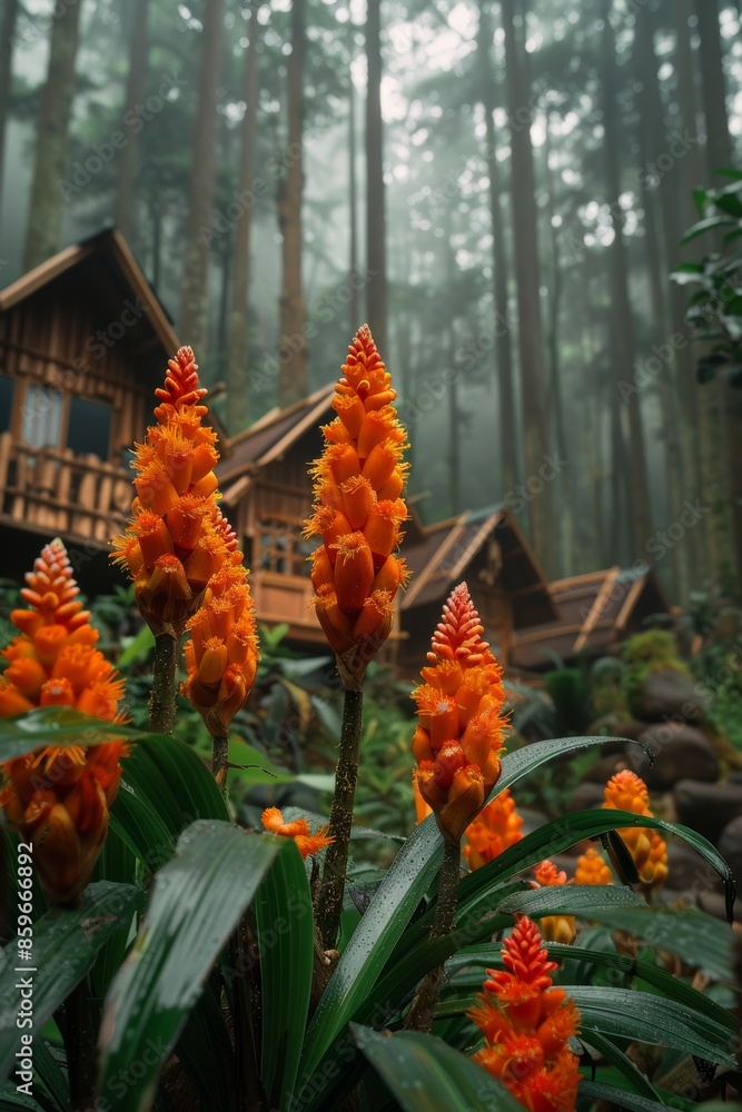 Flowering bromeliad. banana flower: Vriesea tropical bromeliad. Urn Plant, Bromeliaceae, Guzmania, Aechmea fasciata. Flowering bromeliad. banana flower: Vriesea tropical bromeliad. Urn Plant, Bromeliaceae, Guzmania, Aechmea fasciata.