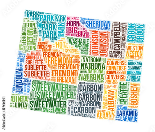 Wyoming county word cloud. State shape design. Wyoming colored illustration. County names collage cloud. Vector illustration.