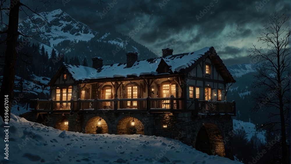 Fantastic castle landscape, winter in the mountains Fantastic castle landscape, winter in the mountains