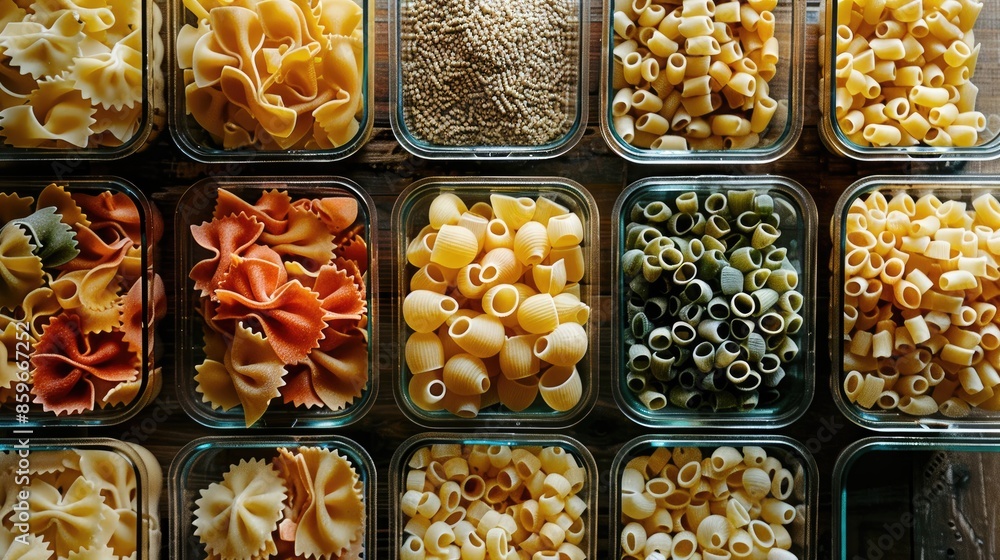 Various pasta varieties in containers on a wooden surface Various pasta varieties in containers on a wooden surface