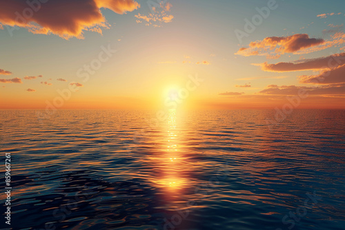 A tranquil sunset over the ocean, with the sun casting a warm, golden glow across the horizon, and the sea reflecting the rich hues of the sky