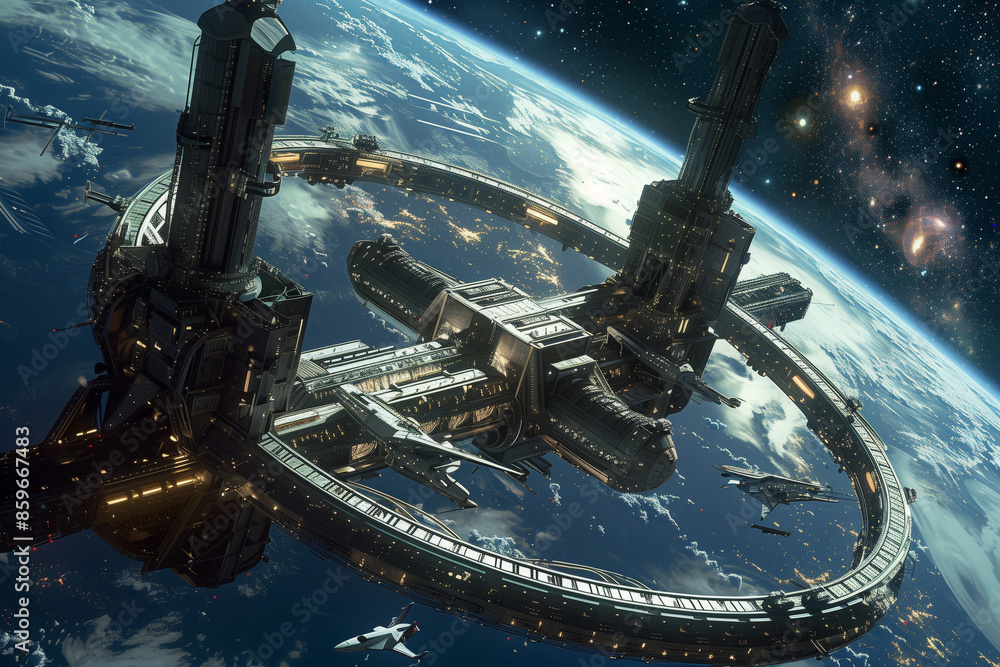 sci-fi space station orbiting a distant planet, surrounded by spacecrafts and stellar scenery, showcasing advanced technology sci-fi space station orbiting a distant planet, surrounded by spacecrafts and stellar scenery, showcasing advanced technology
